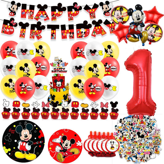 Décoration d'anniversaire Mickey Mouse Ballons pour enfants Vaisselle jetable Bannière Tasses Pendentif Fournitures de fête prénatale Cadeau pour enfant