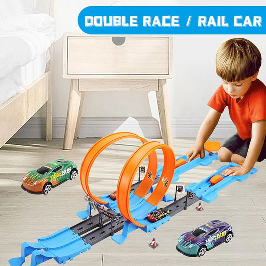 Voiture à double vitesse pour cascades, modèle de jouets pour enfants, piste de course, kits de rails assemblés à faire soi-même, jouet éducatif interactif pour garçons