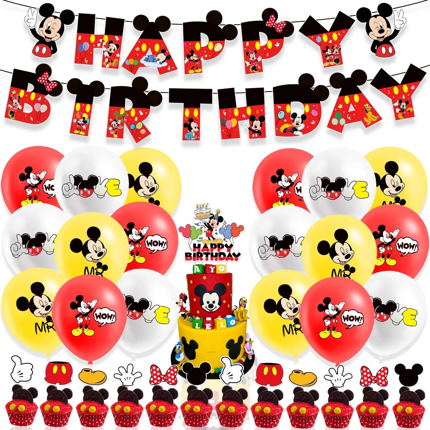 Décoration d'anniversaire Mickey Mouse Ballons pour enfants Vaisselle jetable Bannière Tasses Pendentif Fournitures de fête prénatale Cadeau pour enfant