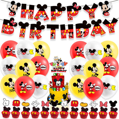 Décoration d'anniversaire Mickey Mouse Ballons pour enfants Vaisselle jetable Bannière Tasses Pendentif Fournitures de fête prénatale Cadeau pour enfant