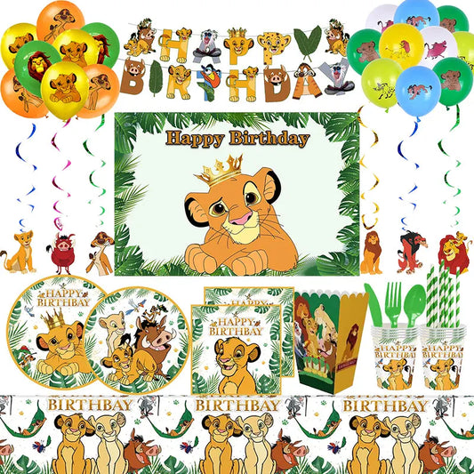 Nouvelle décoration de fête du Roi Lion Simba, thème du Roi Lion de dessin animé, assiettes en papier, serviettes, gobelets, ballons, fournitures pour fête prénatale