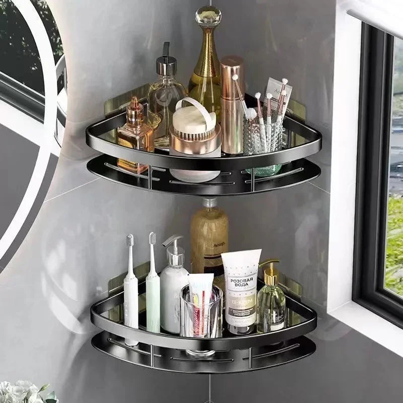 Organisateur de rangement Étagère de douche Étagère de salle de bain Support de shampoing en alliage d'aluminium Accessoires de salle de bain de maquillage Étagère d'angle murale sans perçage