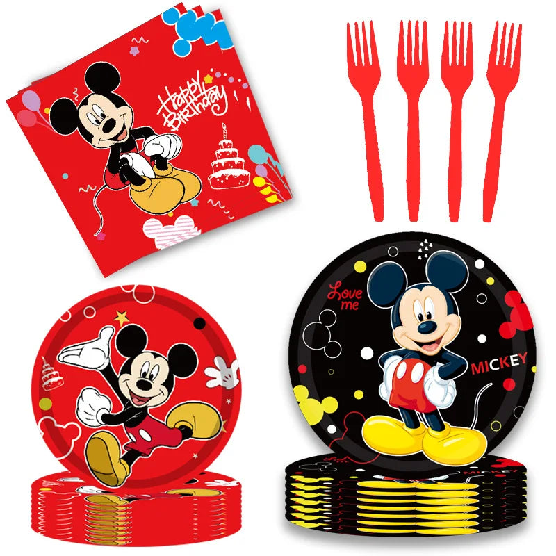 Décoration d'anniversaire Mickey Mouse Ballons pour enfants Vaisselle jetable Bannière Tasses Pendentif Fournitures de fête prénatale Cadeau pour enfant